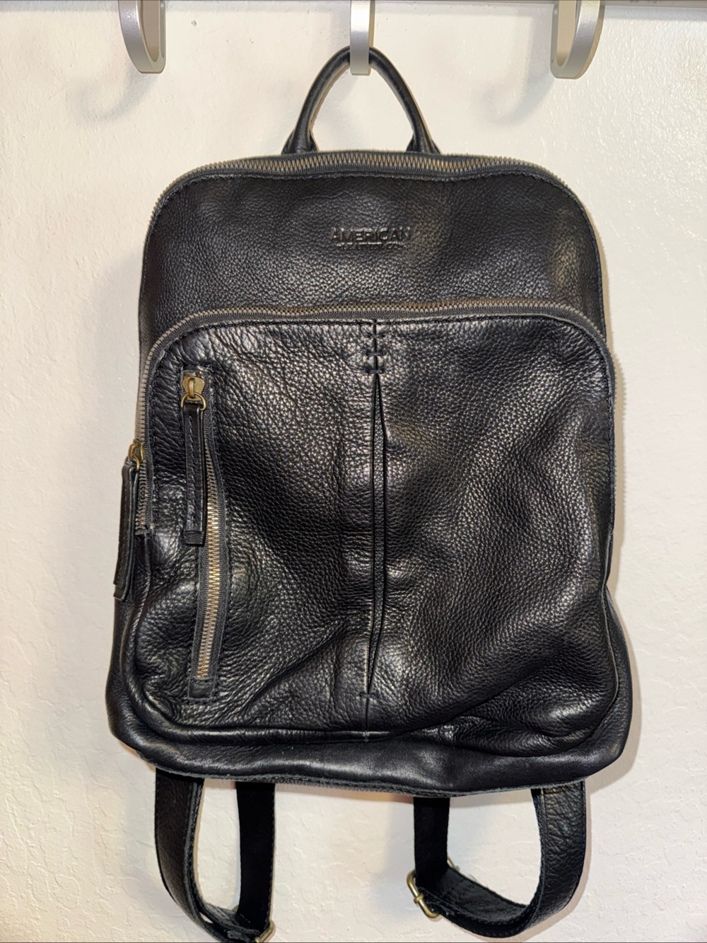 American Leather Co Black Pebbled Genuine Leather Backpack Purse Zip Pockets